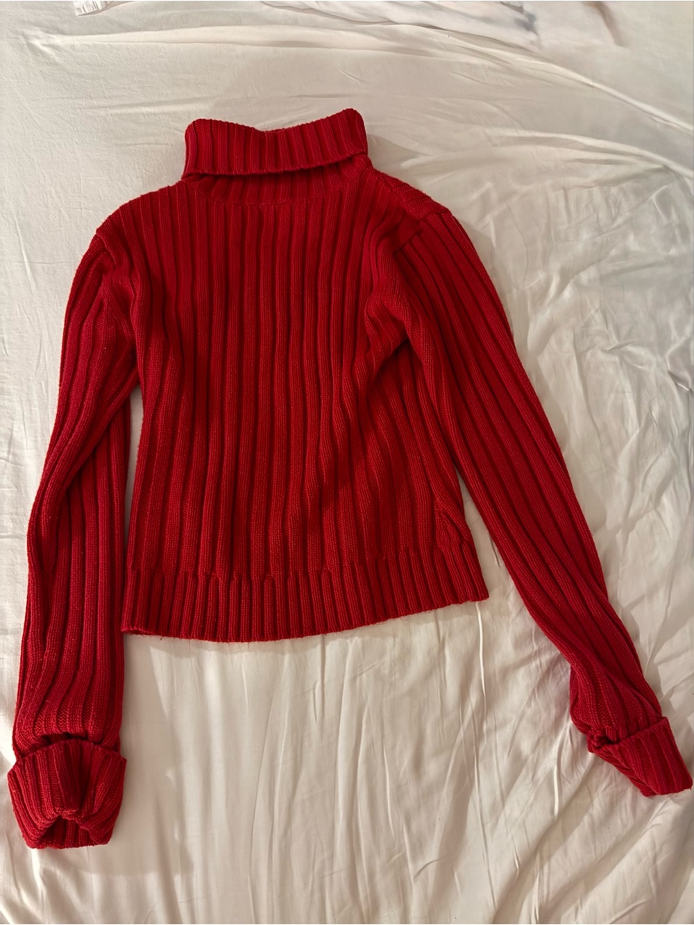 Women's Red Ribbed Turtleneck Sweater - Classic Knit